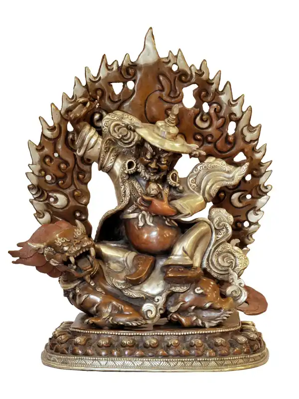 Statuette en cuivre éblouissante de Dorje Legpa avec finition oxydée en argent et chocolat