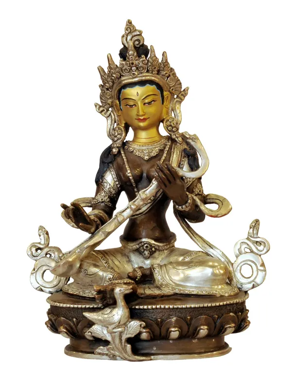 Statue de Saraswati en cuivre éblouissante avec finition oxydée argentée et chocolat
