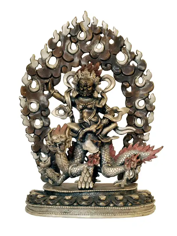 Statue en cuivre de Jambhala Blanc avec motif de dragon