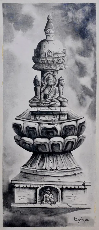 Peinture à l’huile de stupa bouddhiste sur toile de coton