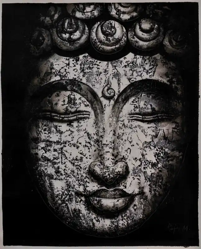 Peinture de méditation du Bouddha en noir et blanc sur toile