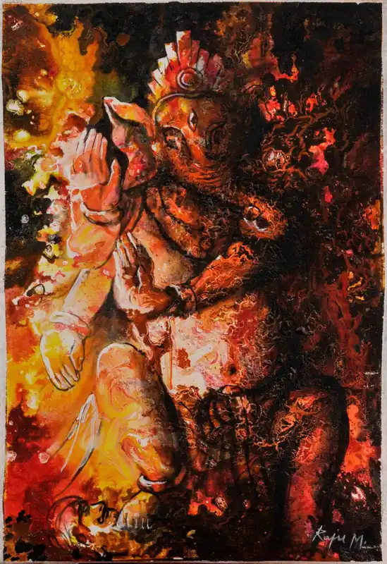 Peinture à l’huile de Ganesh à quatre bras, texturée