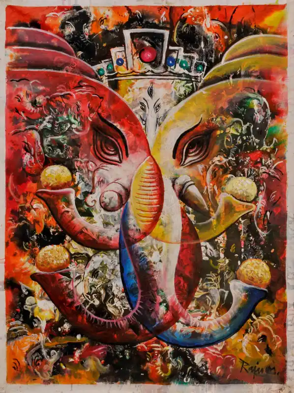 Peinture à l’huile texturée de Ganesh sur toile de coton