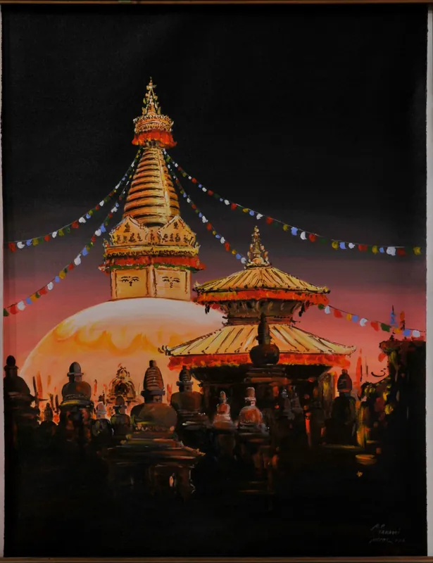 Peinture à l’huile sur toile du stupa de Swayambhunath