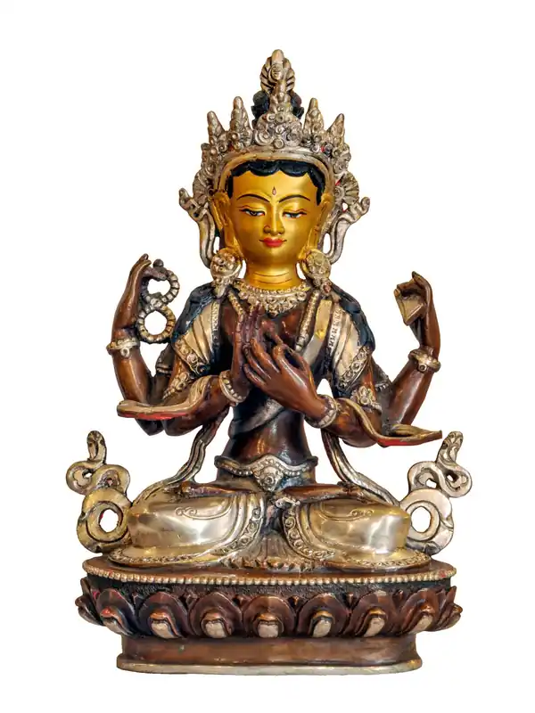 Statue en cuivre de Chenrezig avec finition argentée