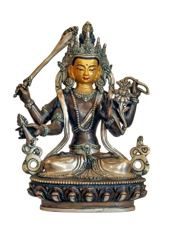 Statue de Maha Manjushree en cuivre avec finition oxydée argentée et chocolat