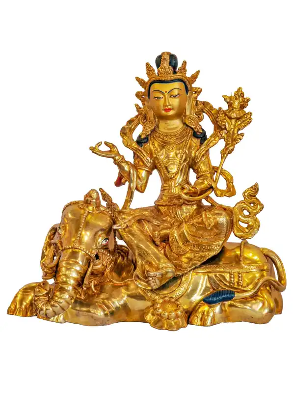 Statue majestueuse d’Indra sur éléphant – Cuivre avec finition dorée