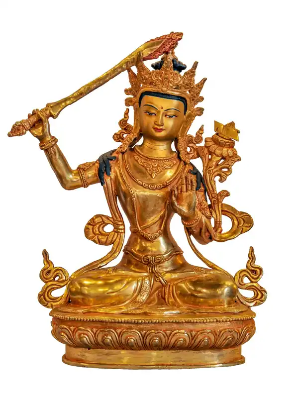 Statuette de Manjushri en or plaqué magnifique