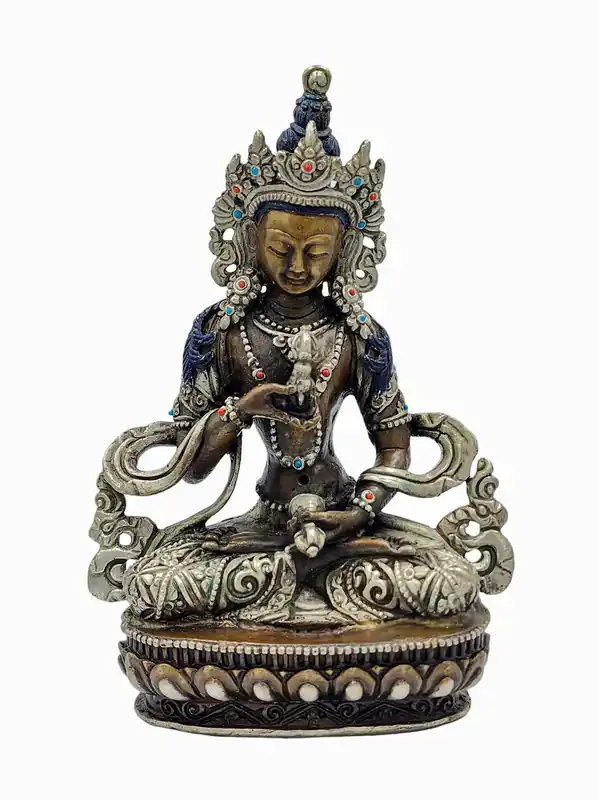 Statue en cuivre de Manjushri avec finition en argent