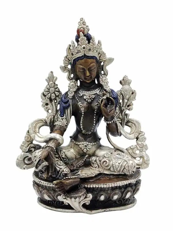 Statue miniature de Tara Verte en argent et chocolat oxydé