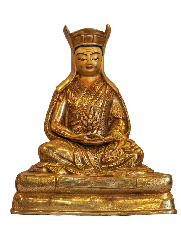 Statue en cuivre de Gampopa – Finition plaquée or, 22 cm de hauteur