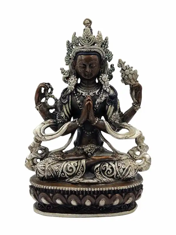 Miniature en cuivre de Chenrezig – Fini oxydé argenté