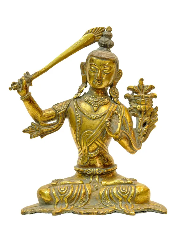 Statue de Manjushri en cuivre plaqué or