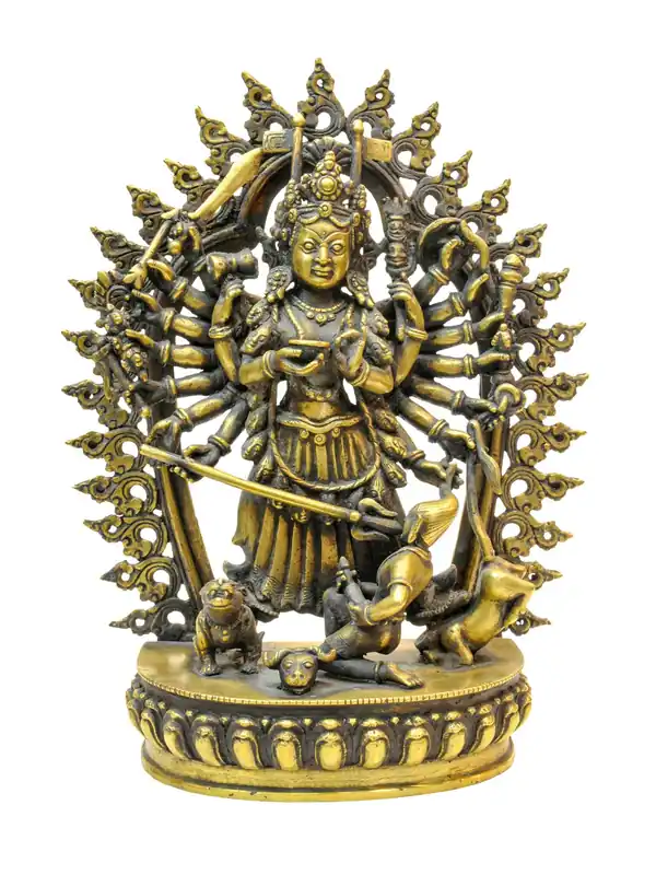 Statue en laiton de la Bhagawati Durga Kali à 18 bras