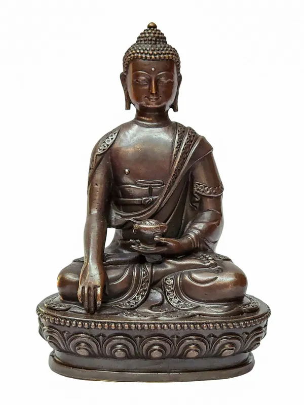 Statue miniature en cuivre du Bouddha Shakyamuni avec finition oxydée chocolat