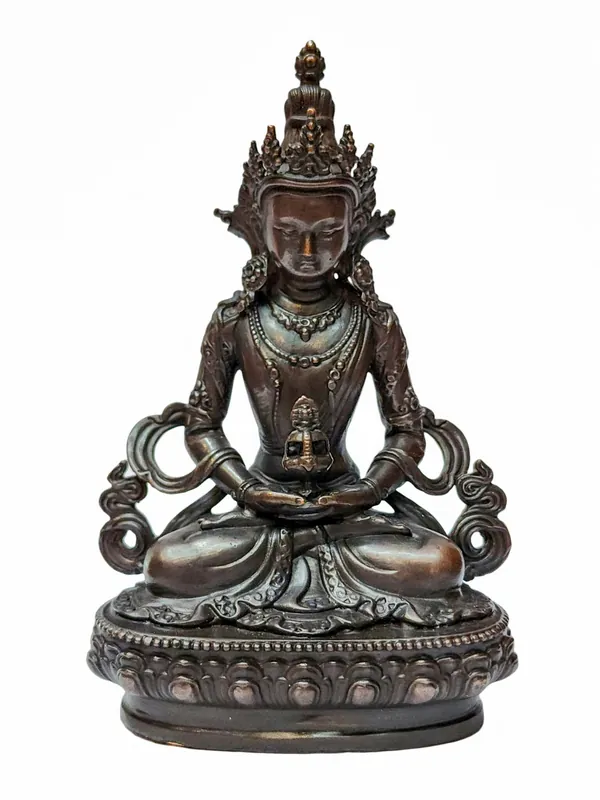 Statue Miniature d’Amitayus – Artisanat en Cuivre avec Fini Oxydé Chocolat