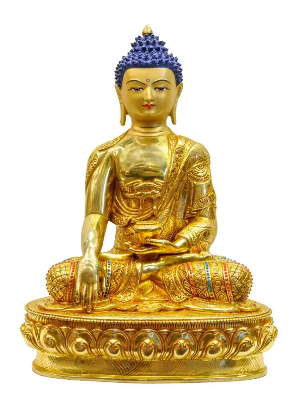 Statue élégante de Shakyamuni Bouddha – Visage plaqué or feu, base en pierre peinte