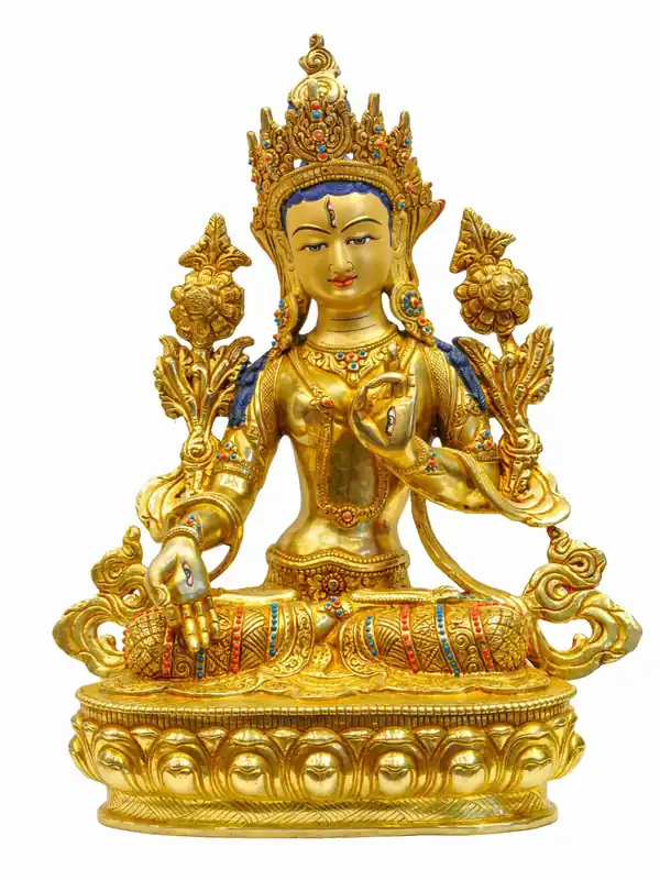 Statue tibétaine de Tara blanche plaquée or avec réglage en pierre