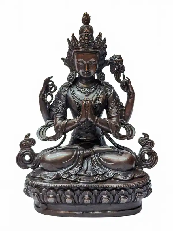 Statue en cuivre de Chenrezig avec finition chocolat