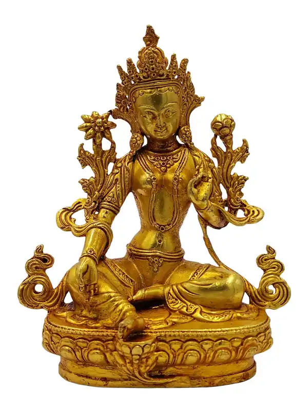 Statue miniature plaquée or du Bouddha Tara Verte