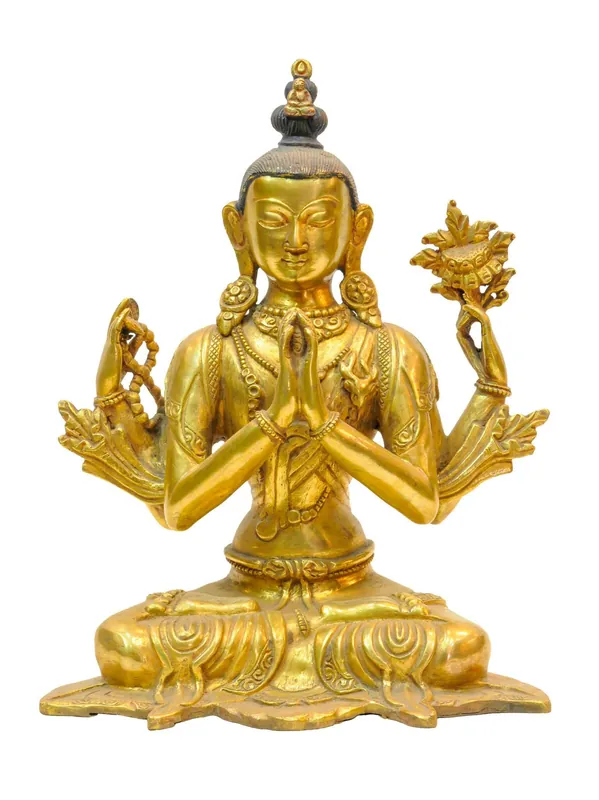 Statue de Chenrezig en cuivre et dorée à l’or de 17 cm