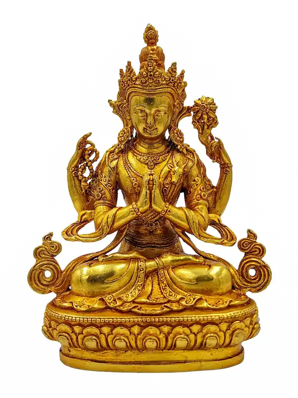 Statue miniature en cuivre et plaquée or de Chenrezig – Incarnation de la compassion