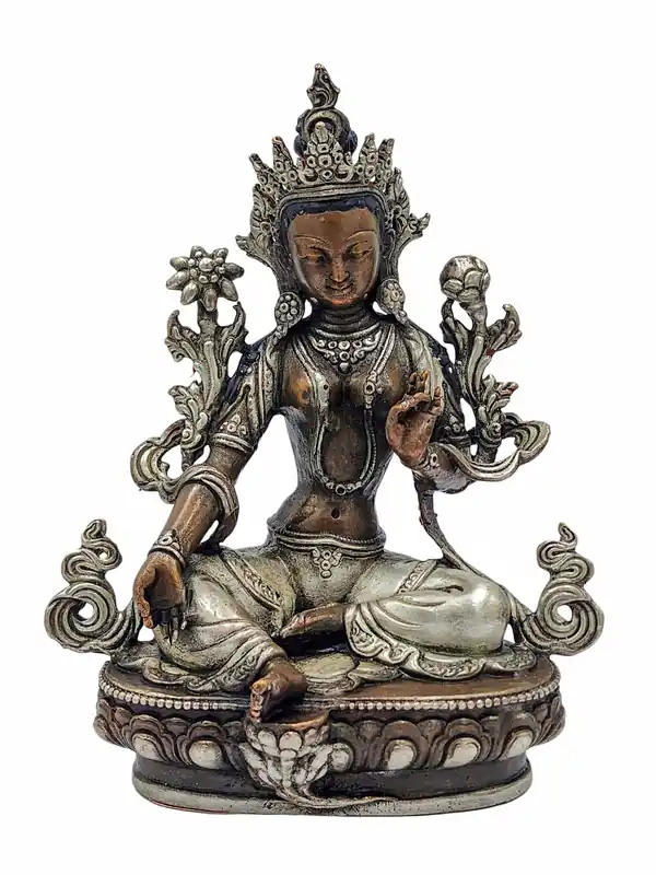 Statue miniature de Tara verte en finition argentée et oxydée chocolat