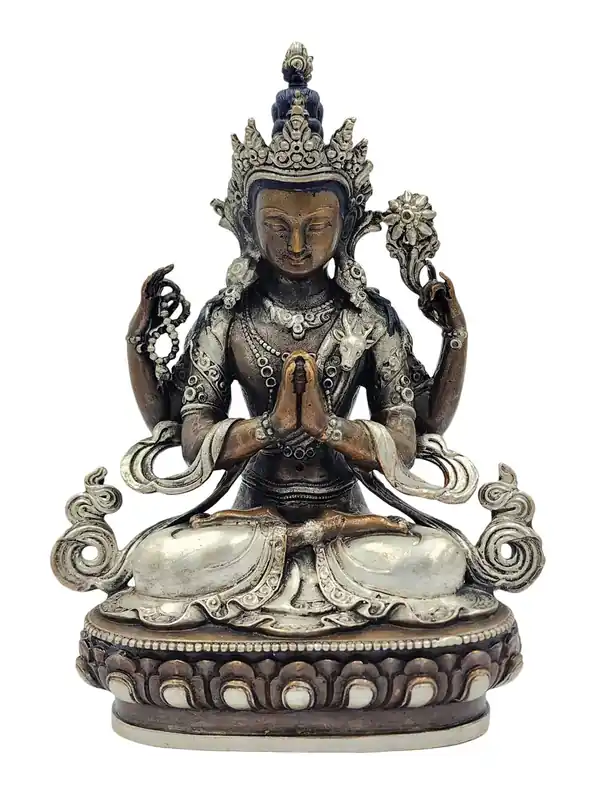 Statue miniature de Chenrezig en cuivre – Incarnation de la compassion dans le bouddhisme Vajrayana
