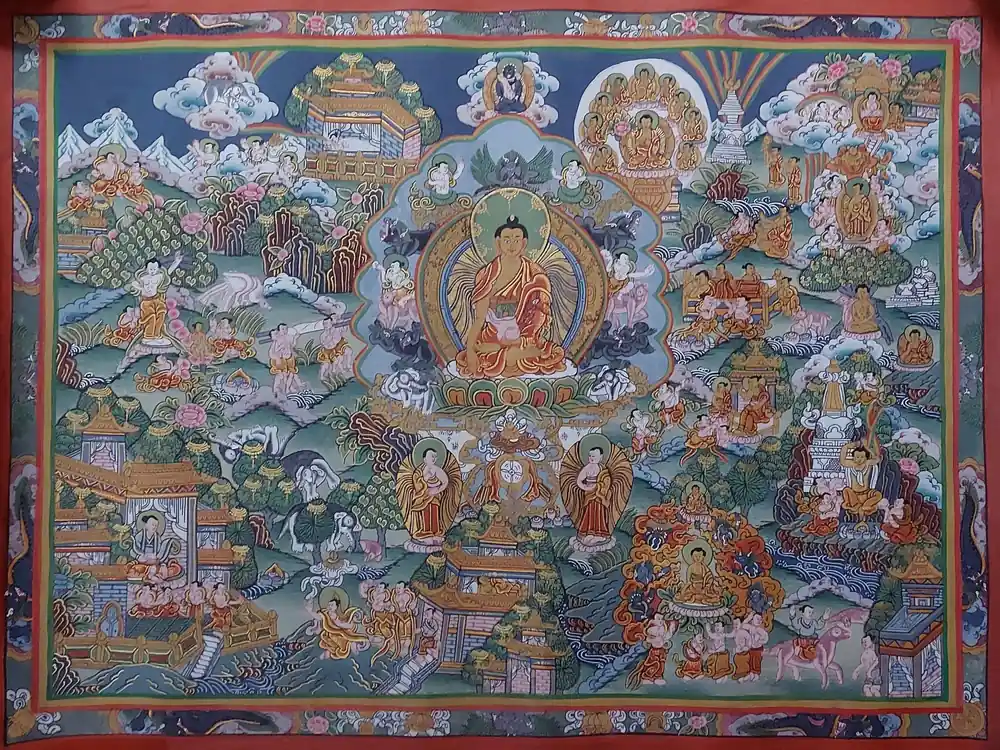 Thangka de la Vie du Bouddha sur Toile de Coton