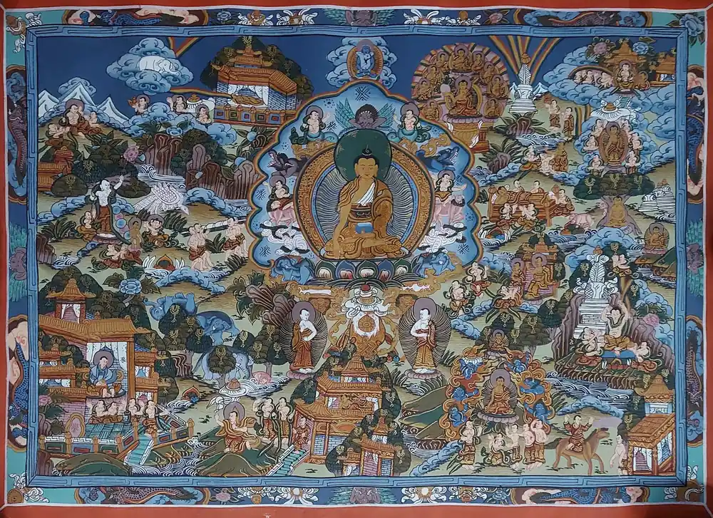 Thangka de la Vie du Bouddha sur toile de coton