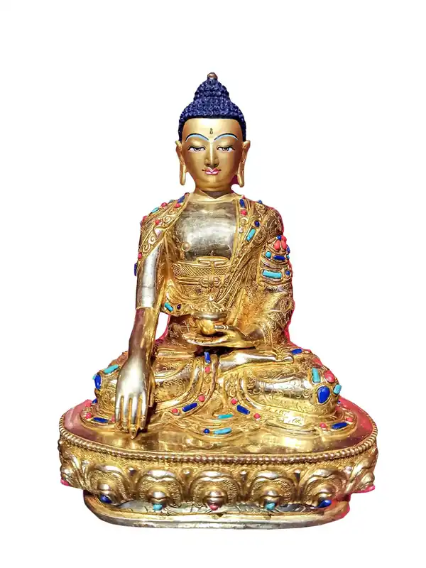 Statue du Bouddha Shakyamuni – Fini plaqué or sur base en pierre