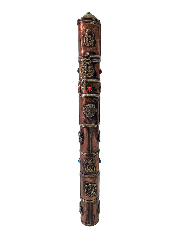 Porte-encens en cuivre avec symboles des Ashtamangala