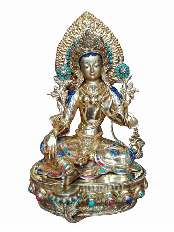 Statue artisanale de 50 cm de la Tara verte avec visage plaqué or et base en pierre