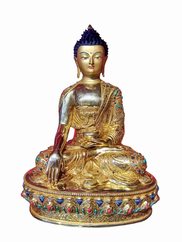 Statue de Shakyamuni Bouddha en cuivre avec un visage doré