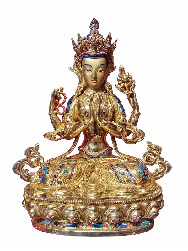 Statue de Chenrezig en cuivre doré – 35 cm de Compassion