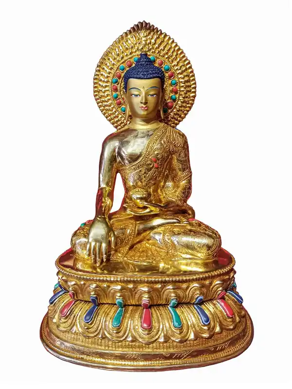 Statue époustouflante de Shakyamuni Bouddha en cuivre avec finition plaquée or