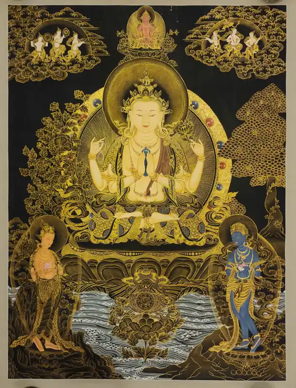 Thangka de Chenrezig sur toile de coton, couleurs minérales