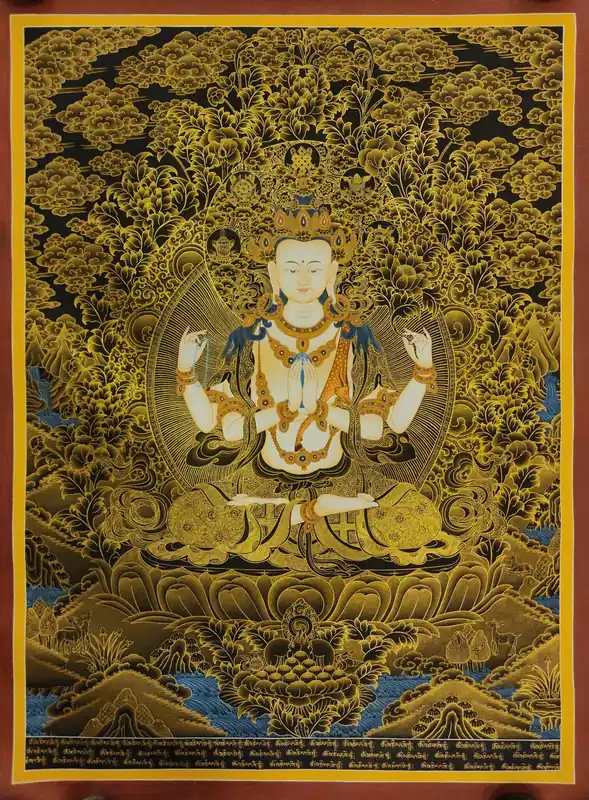 Thangka fait main de Chenrezig sur toile de coton