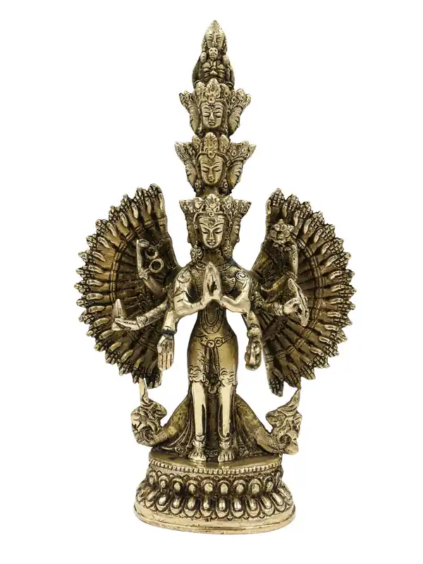 Statue de Avalokiteshvara Sahasrabhuja en laiton – Fini brillant, 24 cm