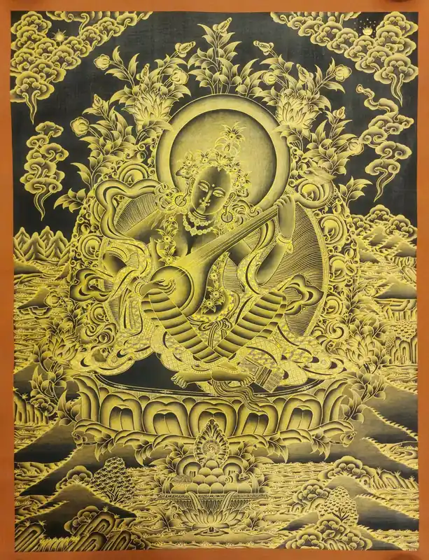 Peinture thangka de Saraswati sur toile de coton