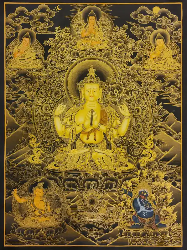Thangka de Chenrezig sur toile de coton avec Bodhisattvas