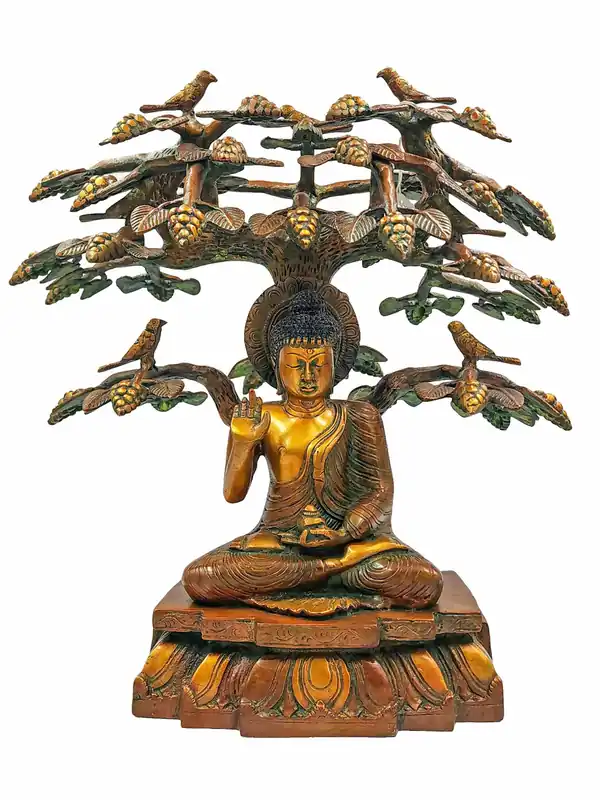 Statue d’Amoghasiddhi Bouddha – Bouddha des bénédictions en laiton avec finition oxydée chocolat