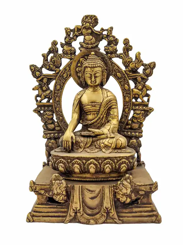 Statue en bronze de Shakyamuni Buddha sur trône