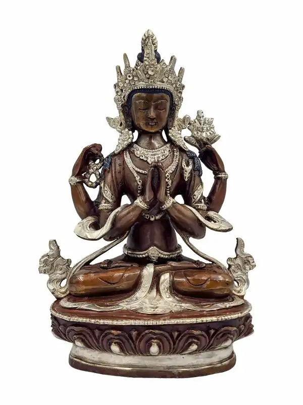 Élégante statue en laiton de Chenrezig avec finition oxydée chocolat – 23 cm