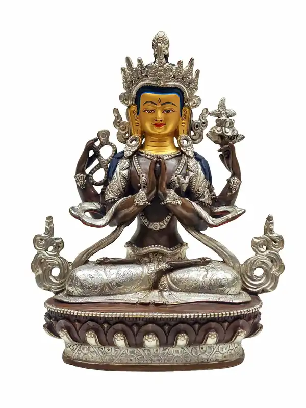 Statue en cuivre de Chenrezig avec finition plaquée argent