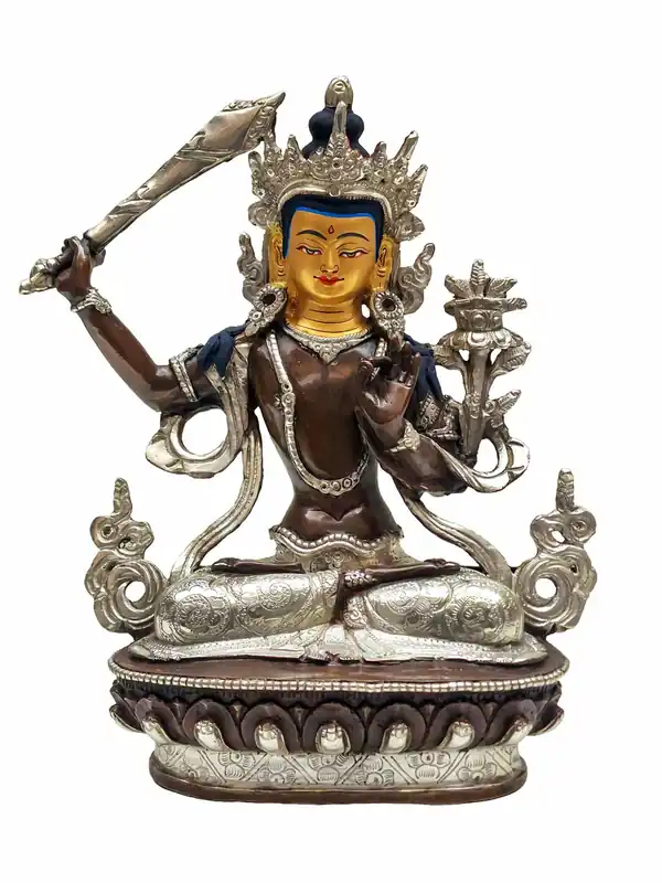 Statue en cuivre de Manjushri avec finition plaquée argent