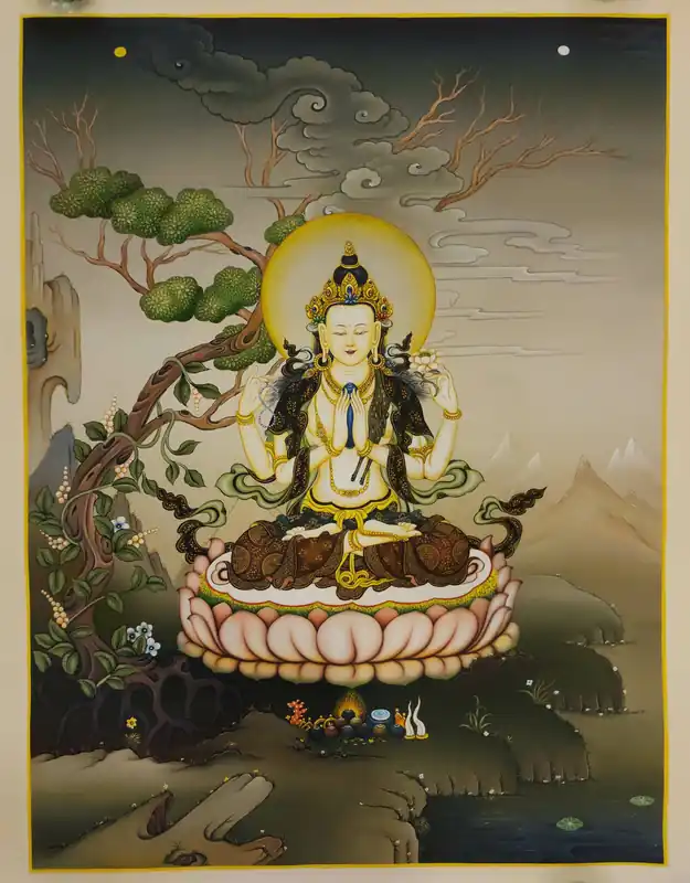 Thangka Chenrezig fait à la main sur toile de coton