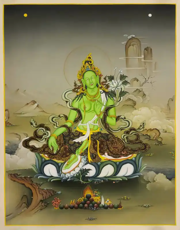 Thangka de Tara Verte sur Toile de Coton