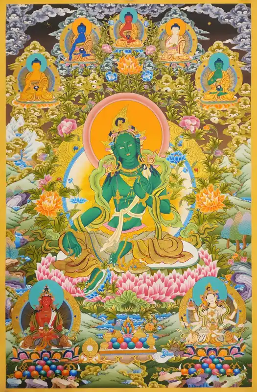 Thangka de Tara verte sur toile de coton
