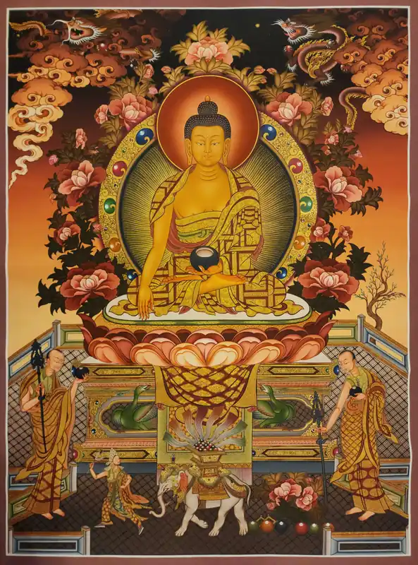 Thangka de Bouddha Shakyamuni fait main sur toile de coton